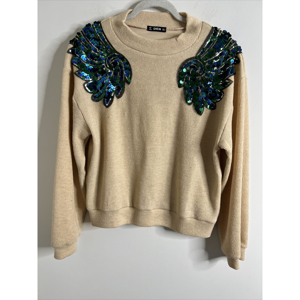 Shein Women’s Beige Sweater with Green Sequin Large